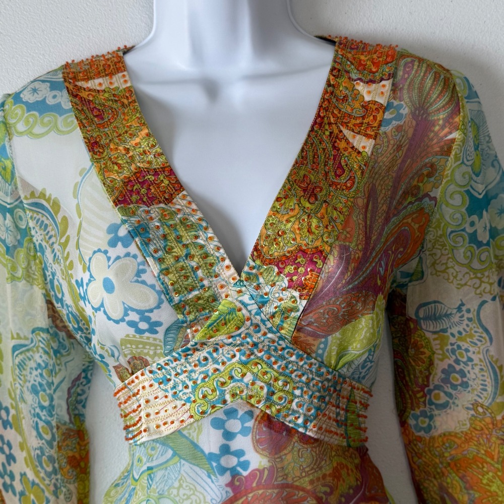 Vtg Cache Blouse 8 M Y2K 90s Paisley Beaded Sheer Bell Sleeve Boho Fairy Whimsy - Picture 13 of 13